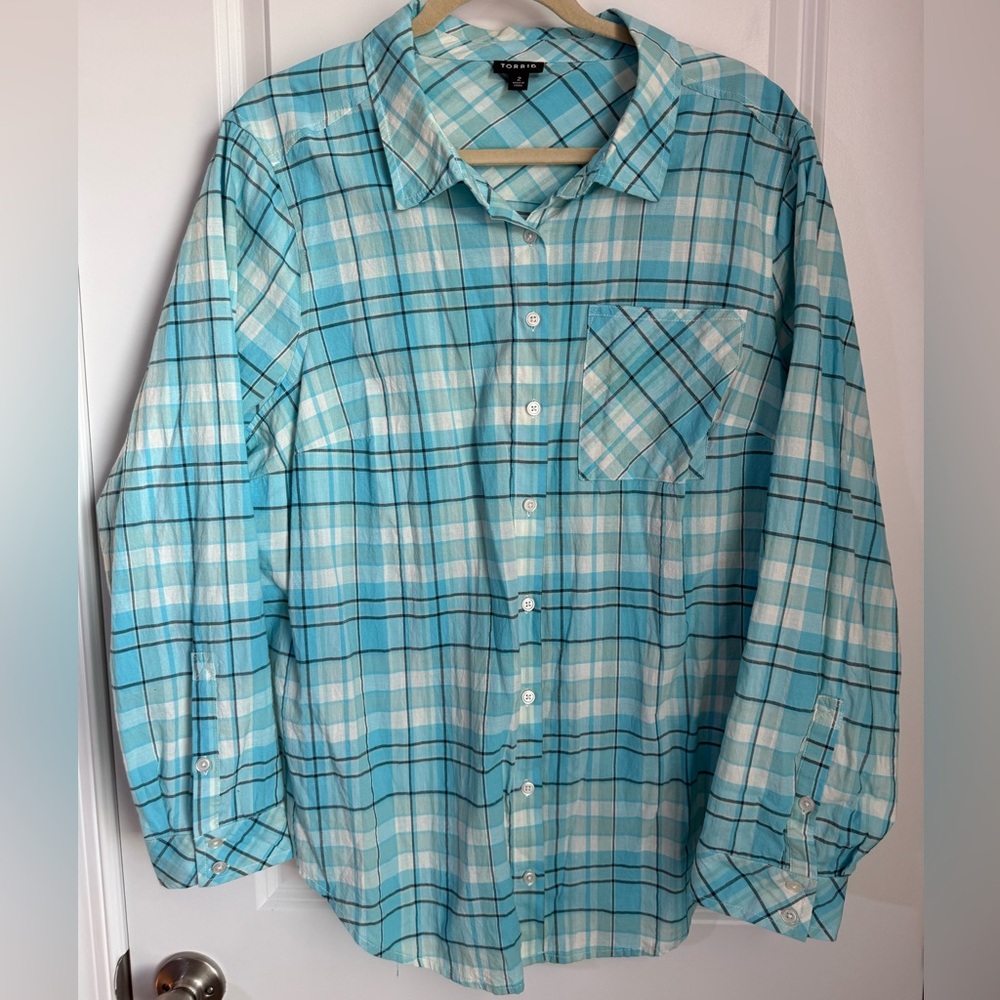 Torrid Aqua Plaid Button Down Shirt